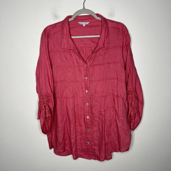 John Mark Top Womens XL Button Up Textured Ruched 3/4 Sleeves Linen Lagenlook - Picture 8 of 14